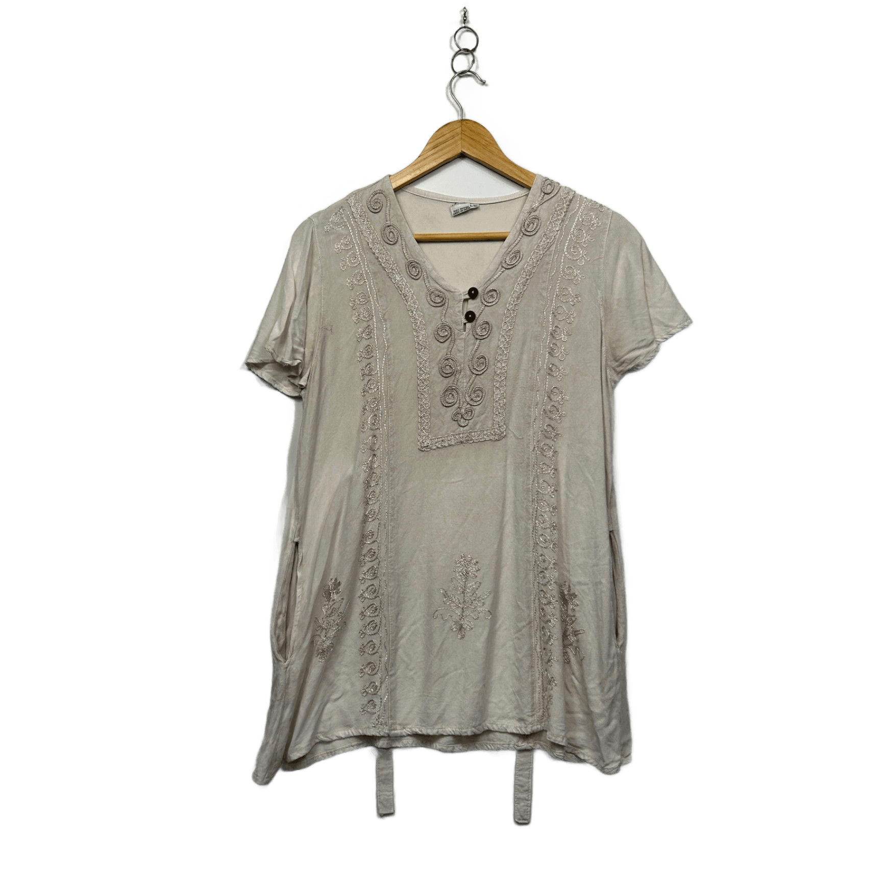 Boho Hippie Cream Rayon Embroidered Tunic Top with Pockets Size L/XL