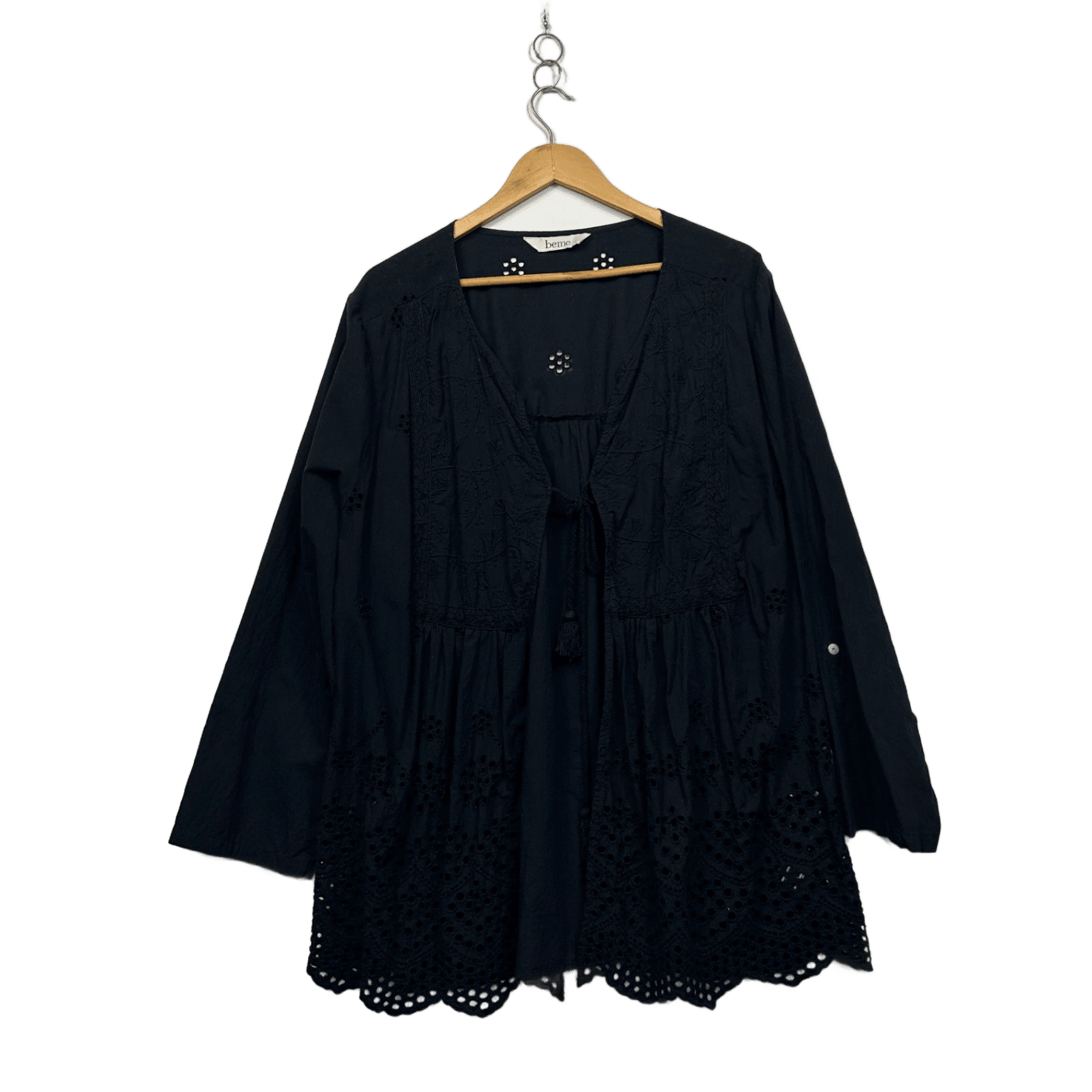 Beme Women's Black Cotton Long Sleeve Embroidered Top Blouse Size 24