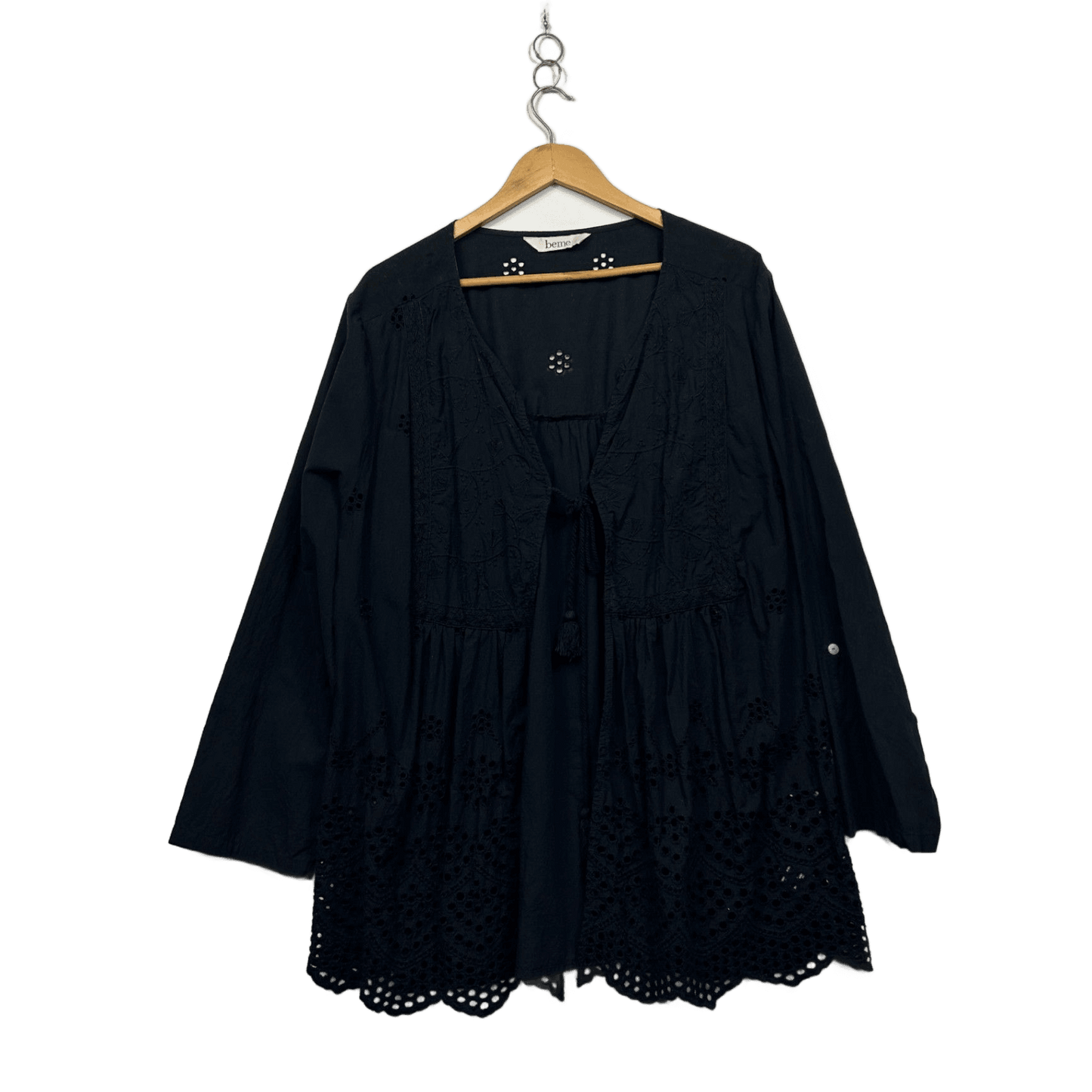 Beme Women's Black Cotton Long Sleeve Embroidered Top Blouse Size 24