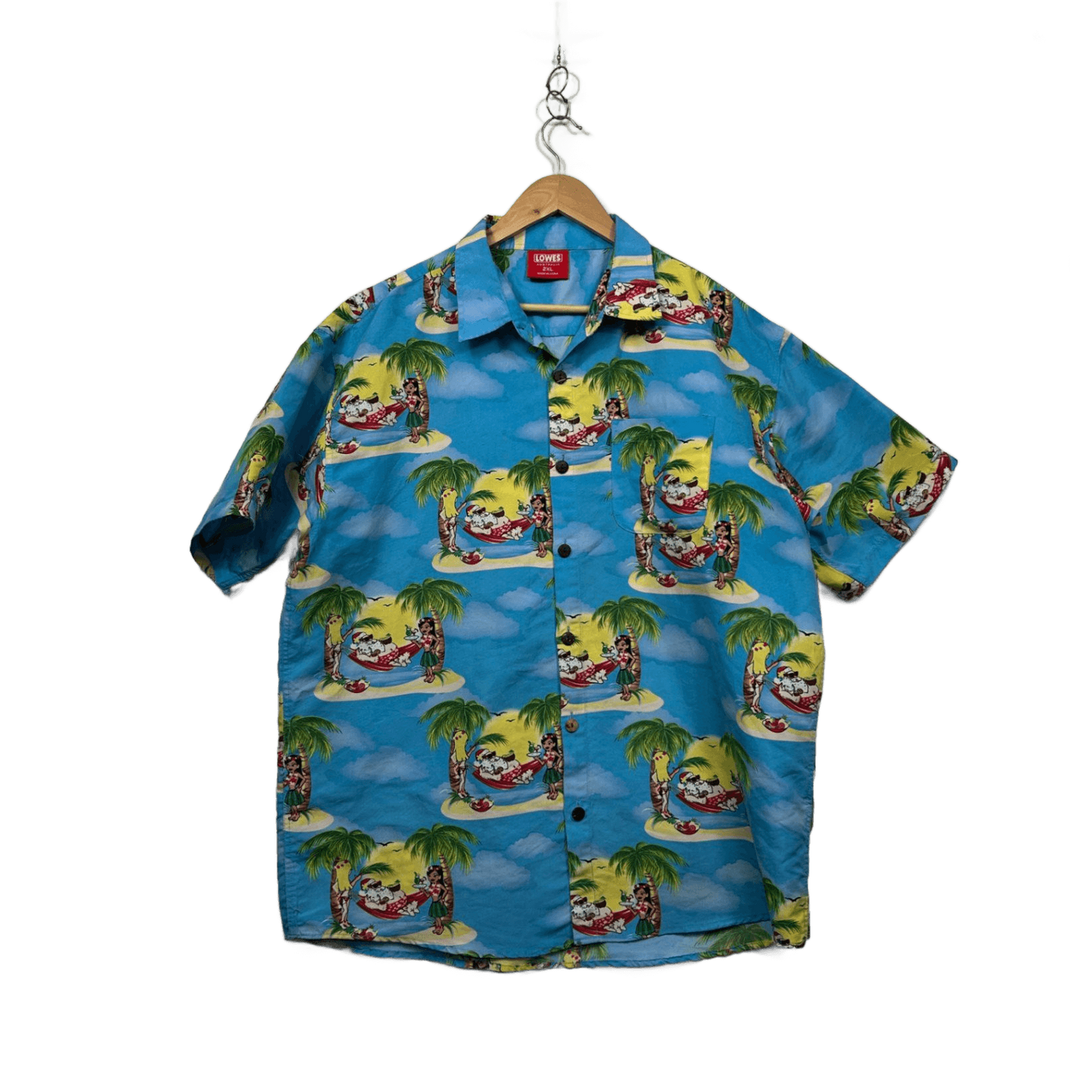 Lowes Mens Blue Christmas Santa Hawaiian Short Sleeve Shirt 2XL