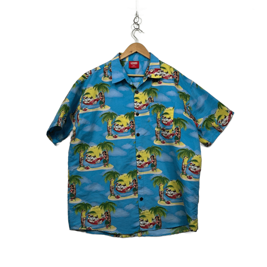 Lowes Mens Blue Christmas Santa Hawaiian Short Sleeve Shirt 2XL