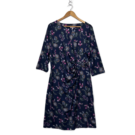 Millers Navy Blue Floral Long Sleeve Gathered Draped Waist Dress Size 18