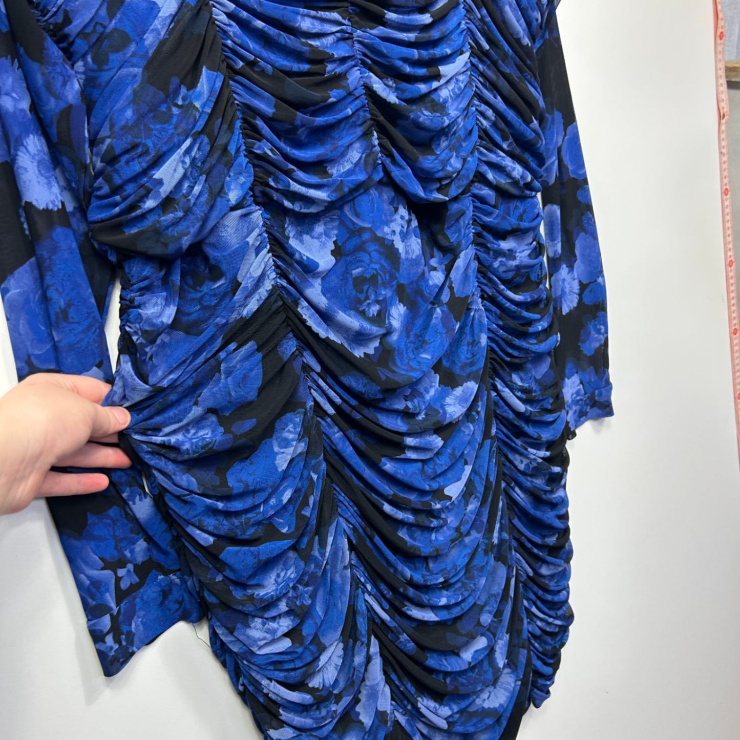 City Chic Blue Long Sleeve Ruched Draped Floral Bodycon Dress Size 22 XL