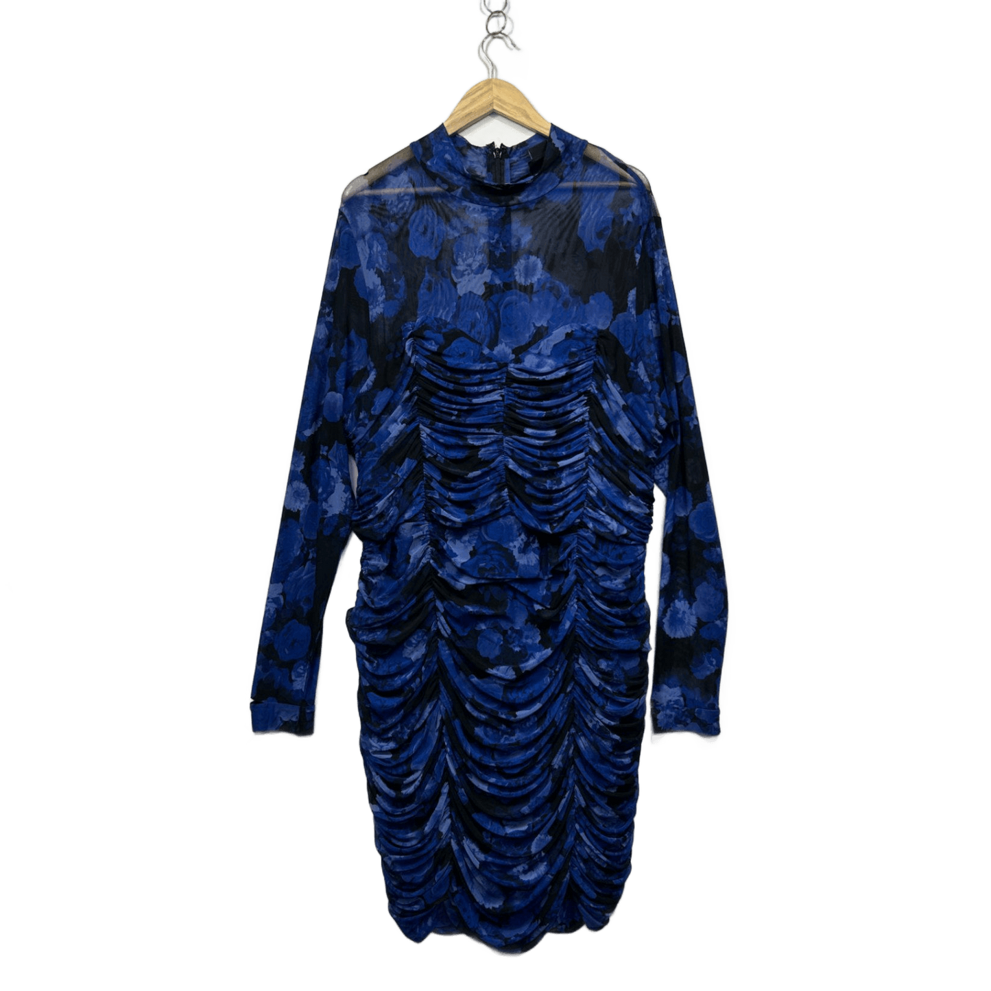 City Chic Blue Long Sleeve Ruched Draped Floral Bodycon Dress Size 22 XL