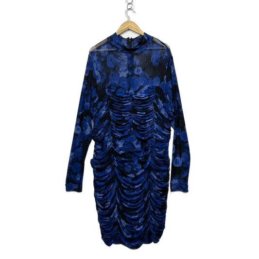 City Chic Blue Long Sleeve Ruched Draped Floral Bodycon Dress Size 22 XL