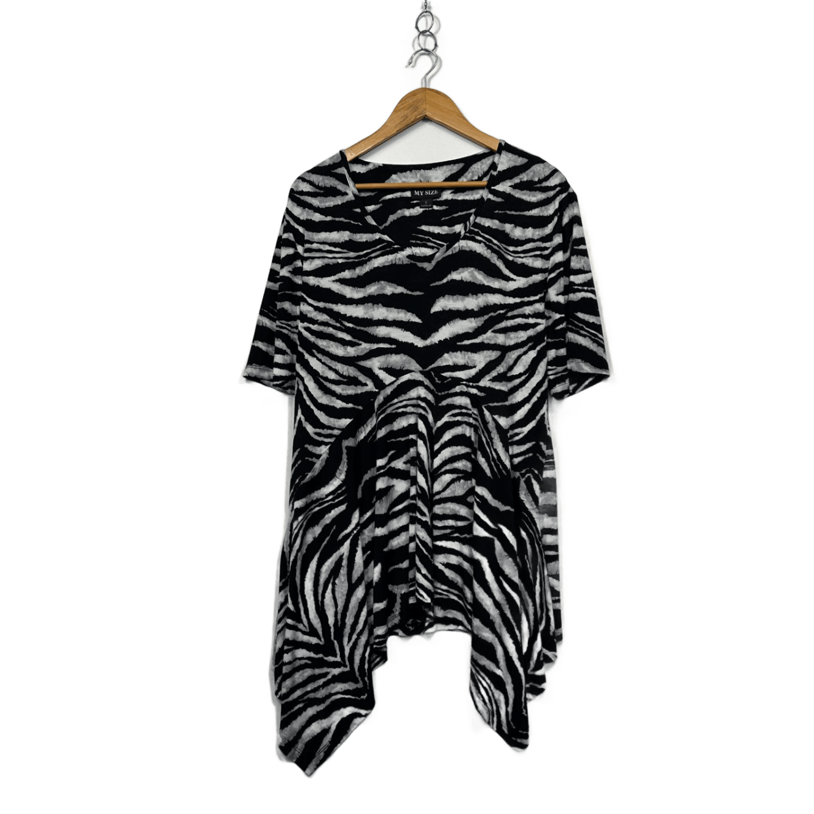 My Size Black White Short Sleeve Handkerchief Hem Tunic Top Size 16