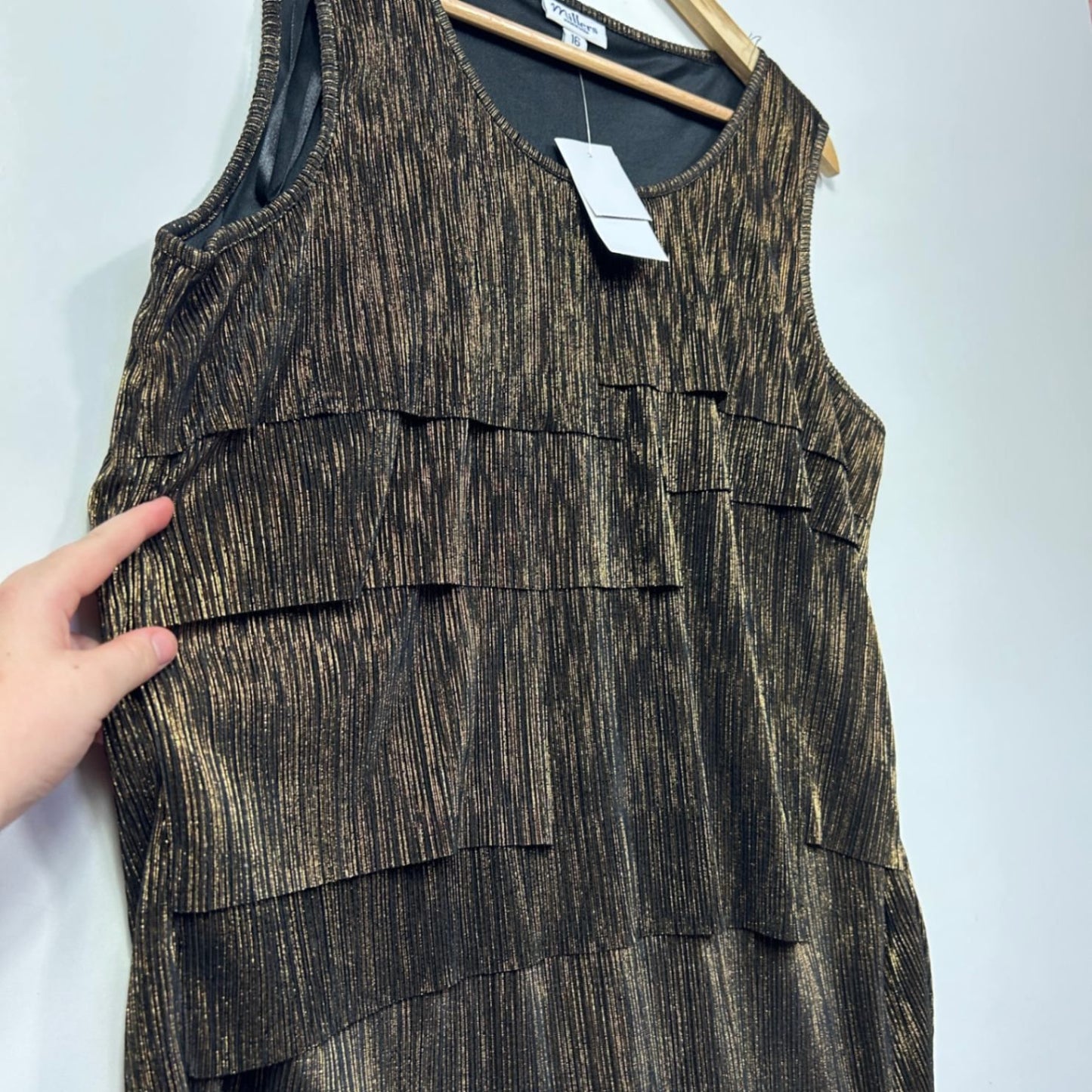 Millers Black Gold Sleeveless Round Neck Layered Top Blouse Size 16