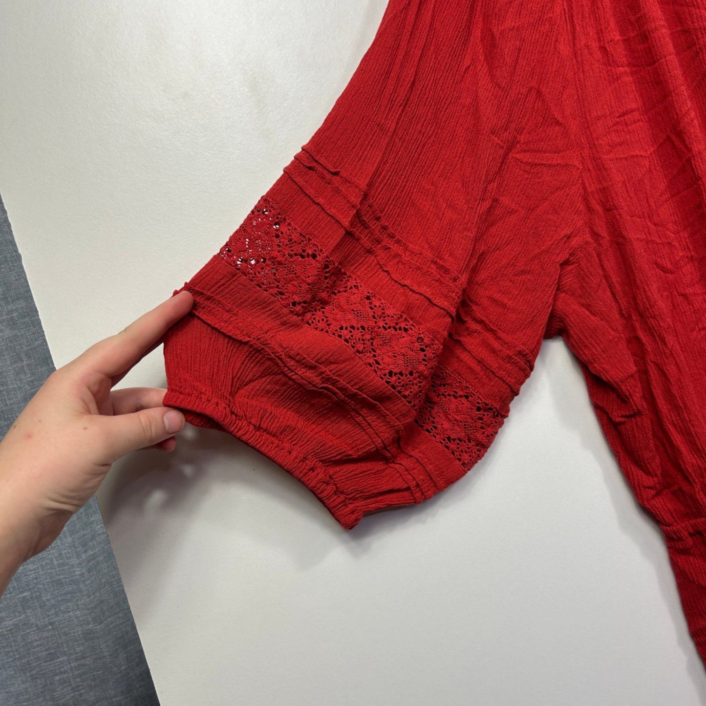 Beme Womens Red 3/4 Sleeve Crochet Peasant Blouse Top Size 26