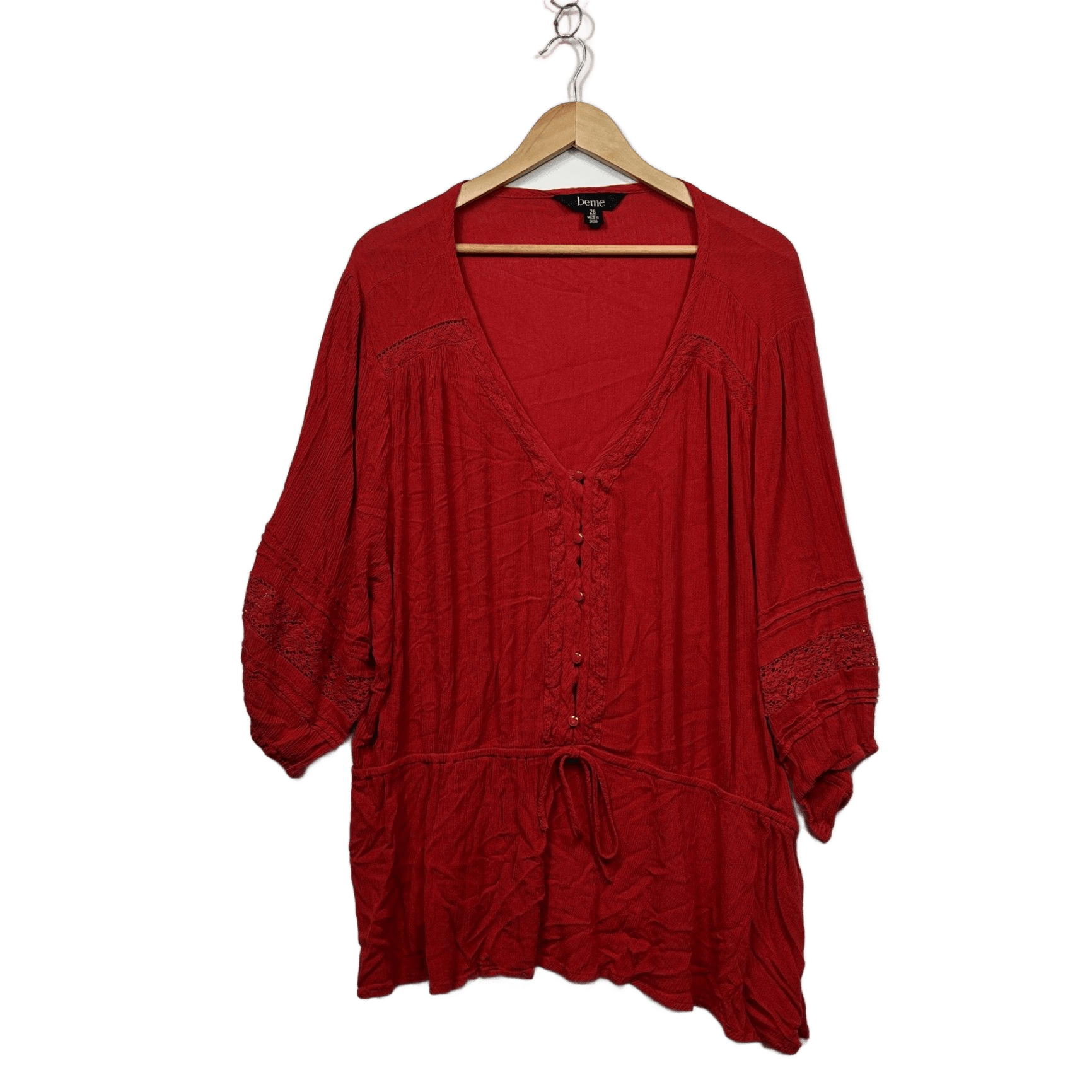 Beme Womens Red 3/4 Sleeve Crochet Peasant Blouse Top Size 26