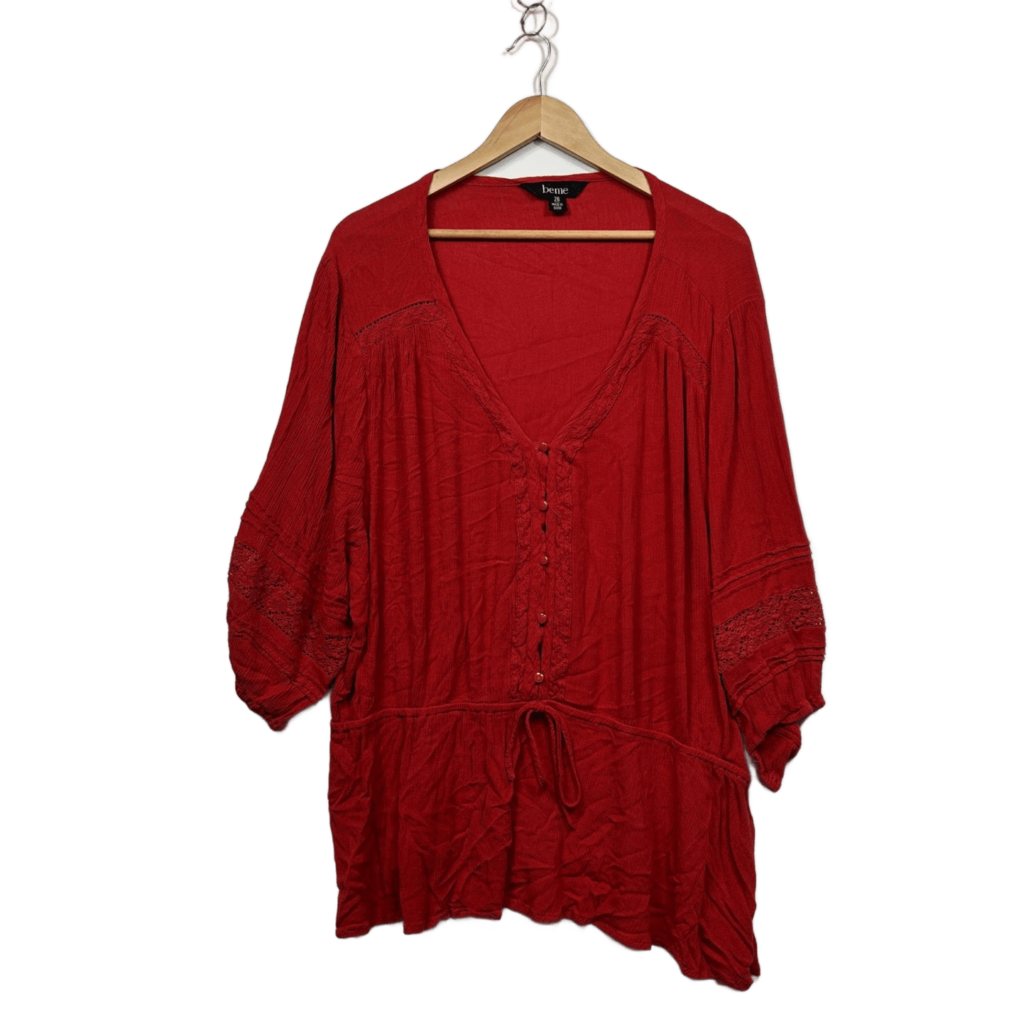 Beme Womens Red 3/4 Sleeve Crochet Peasant Blouse Top Size 26