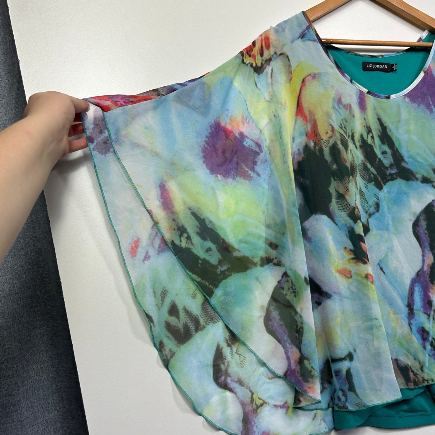 Liz Jordan Multicoloured Short Sleeve Sheer Overlay Blouse Top Size Large
