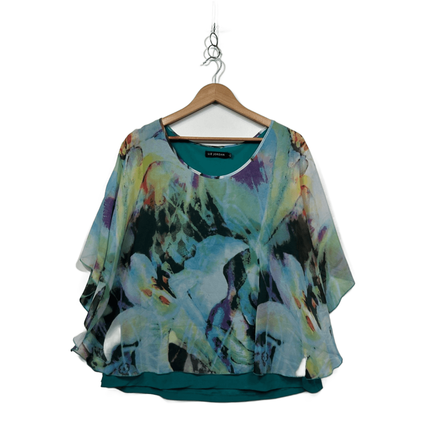 Liz Jordan Multicoloured Short Sleeve Sheer Overlay Blouse Top Size Large