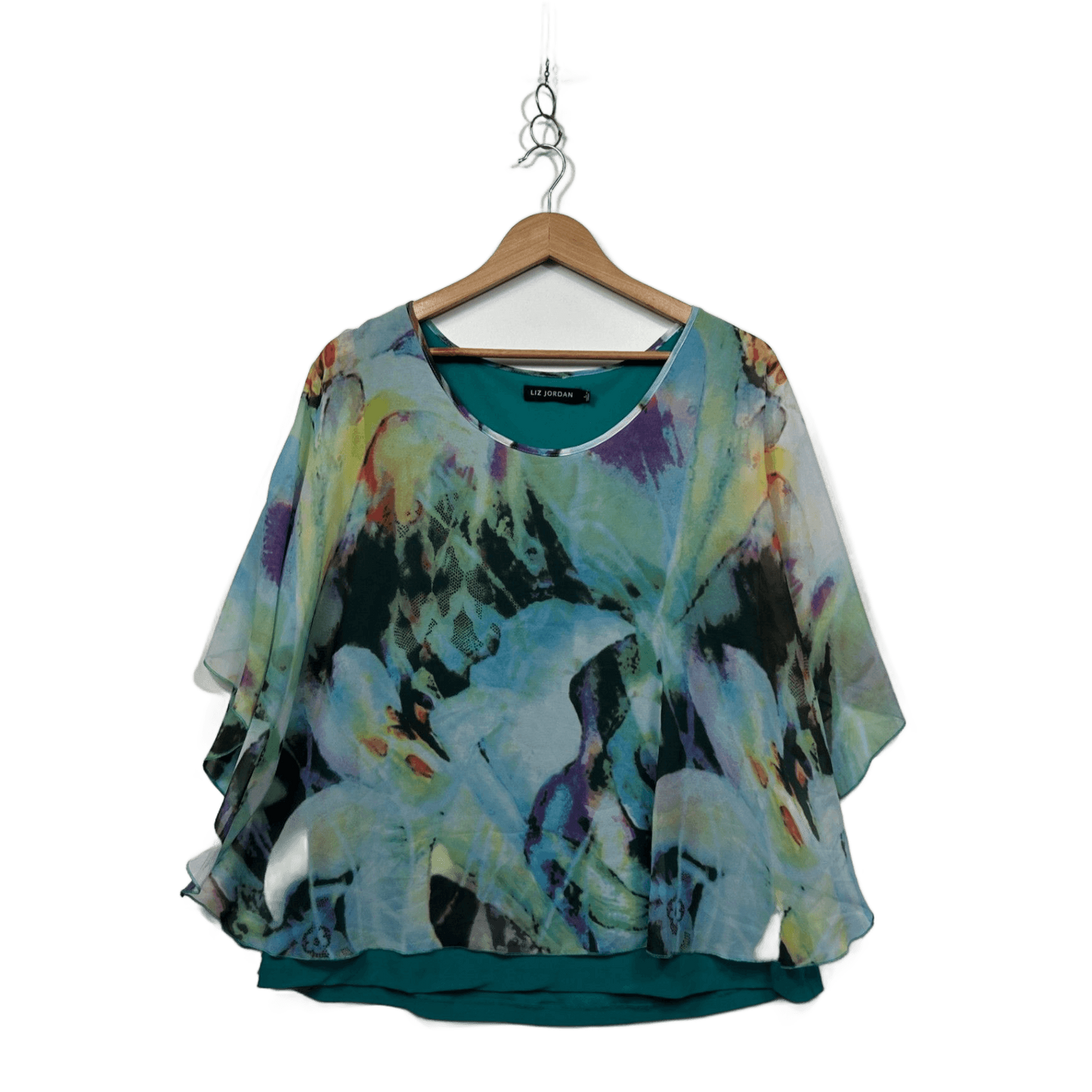 Liz Jordan Multicoloured Short Sleeve Sheer Overlay Blouse Top Size Large