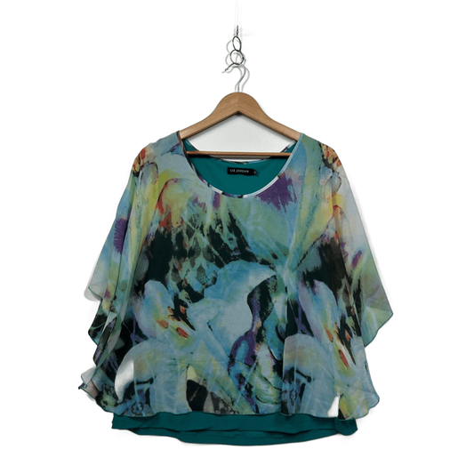 Liz Jordan Multicoloured Short Sleeve Sheer Overlay Blouse Top Size Large