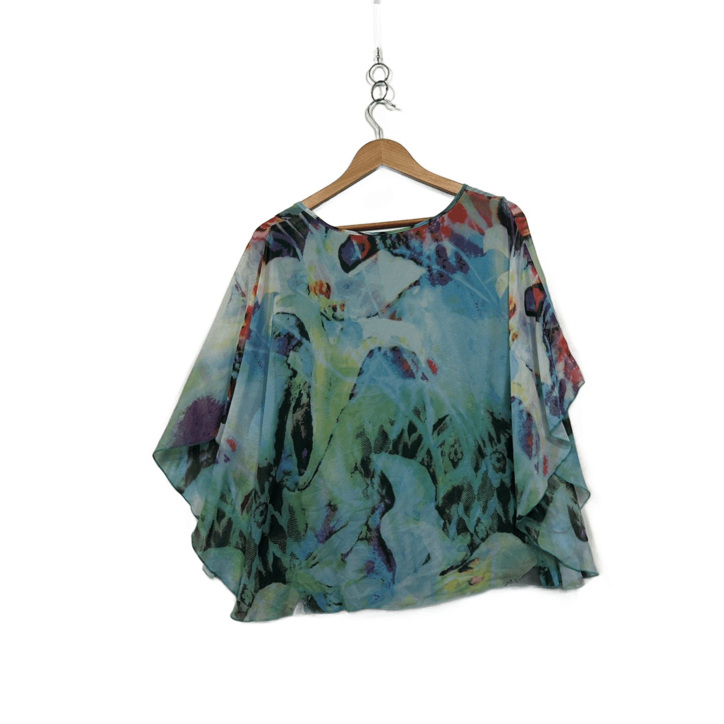 Liz Jordan Multicoloured Short Sleeve Sheer Overlay Blouse Top Size Large