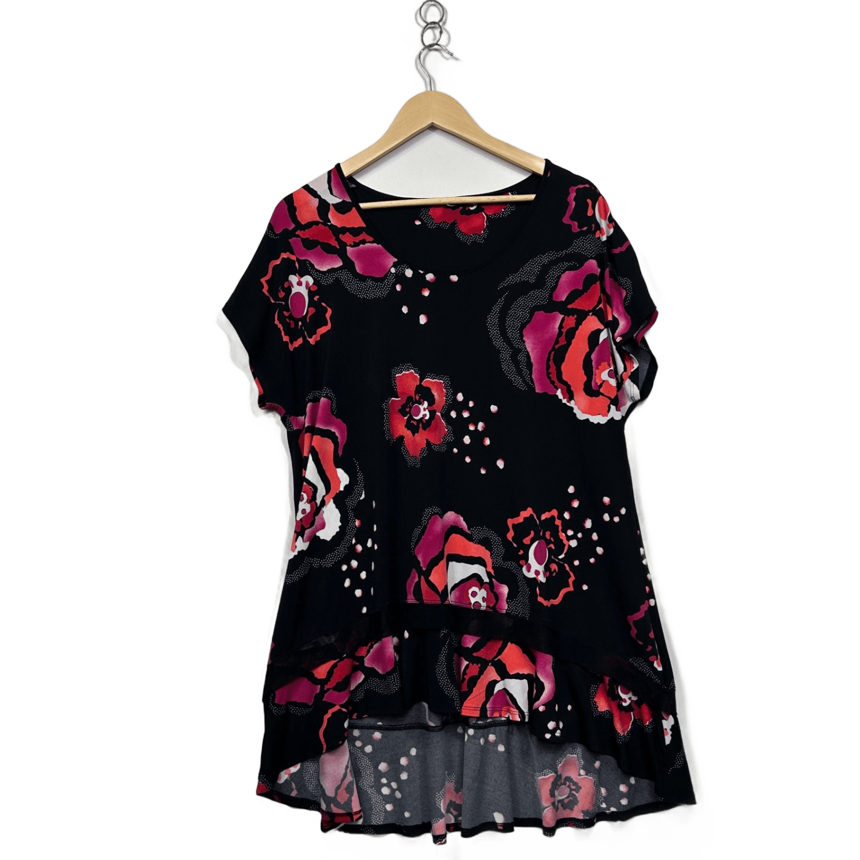 Taking Shape Black Floral Short Sleeve Hi Low Hem Tunic Top Blouse Size 14-16