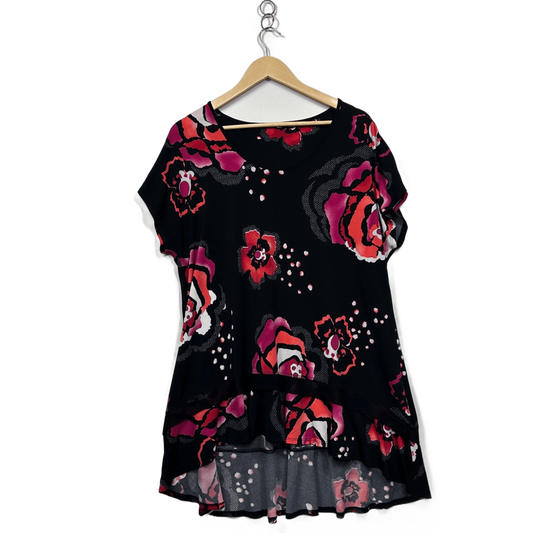 Taking Shape Black Floral Short Sleeve Hi Low Hem Tunic Top Blouse Size 14-16