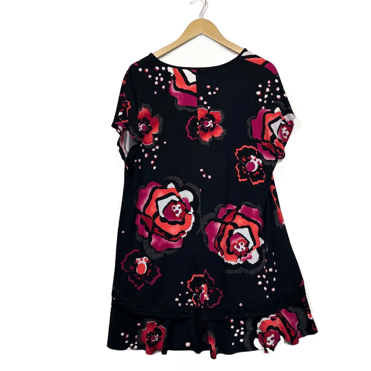 Taking Shape Black Floral Short Sleeve Hi Low Hem Tunic Top Blouse Size 14-16