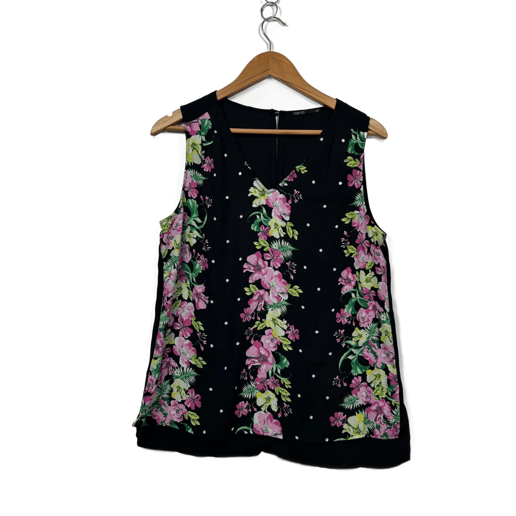 Tokito Black Floral Sleeveless V-Neck Top Blouse Size 14