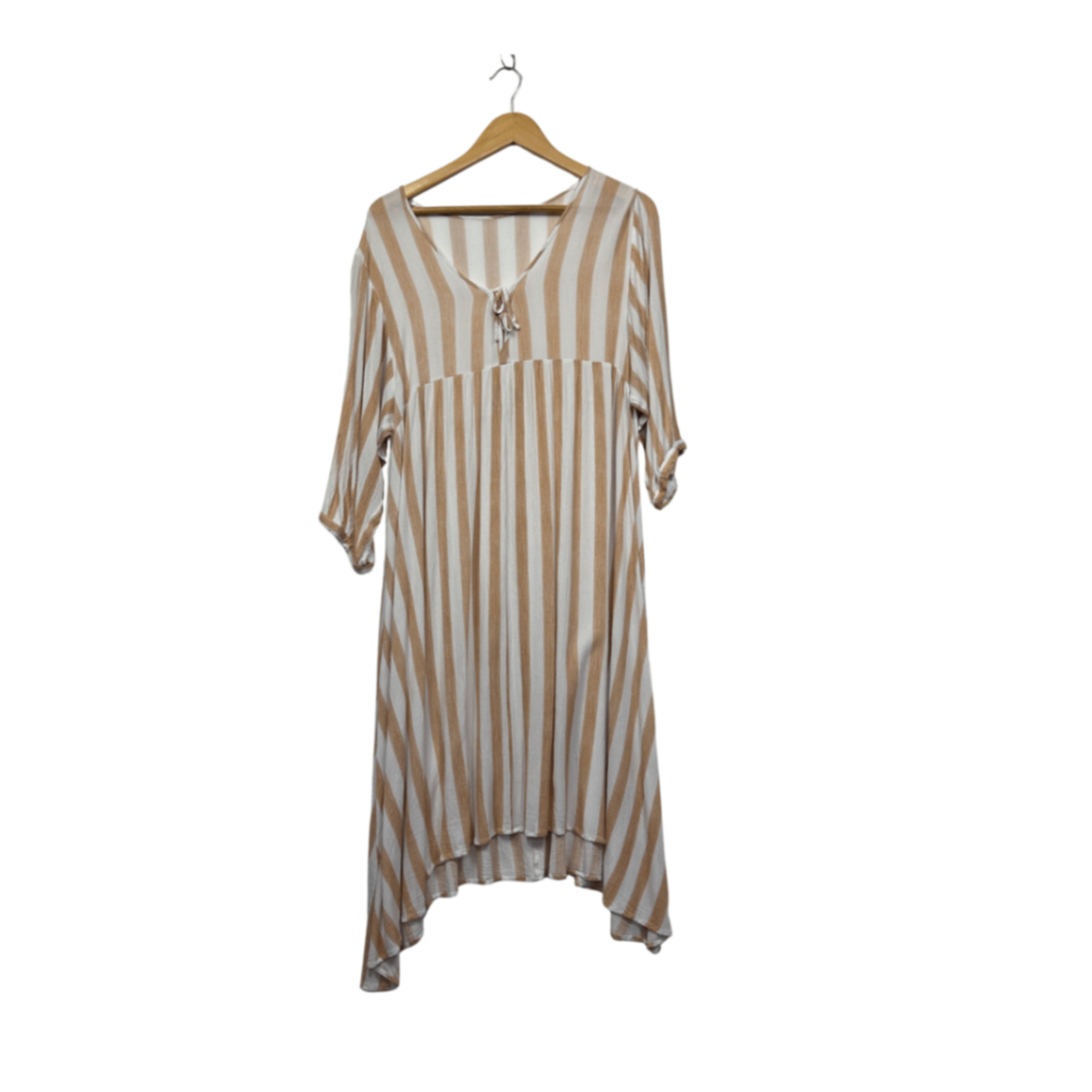 Womens Tan White Striped Rayon 3/4 Sleeve Midi Dress Size 14/16