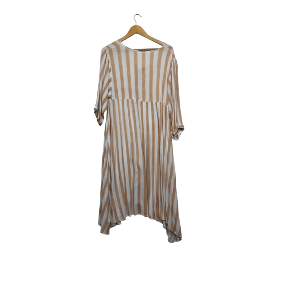 Womens Tan White Striped Rayon 3/4 Sleeve Midi Dress Size 14/16