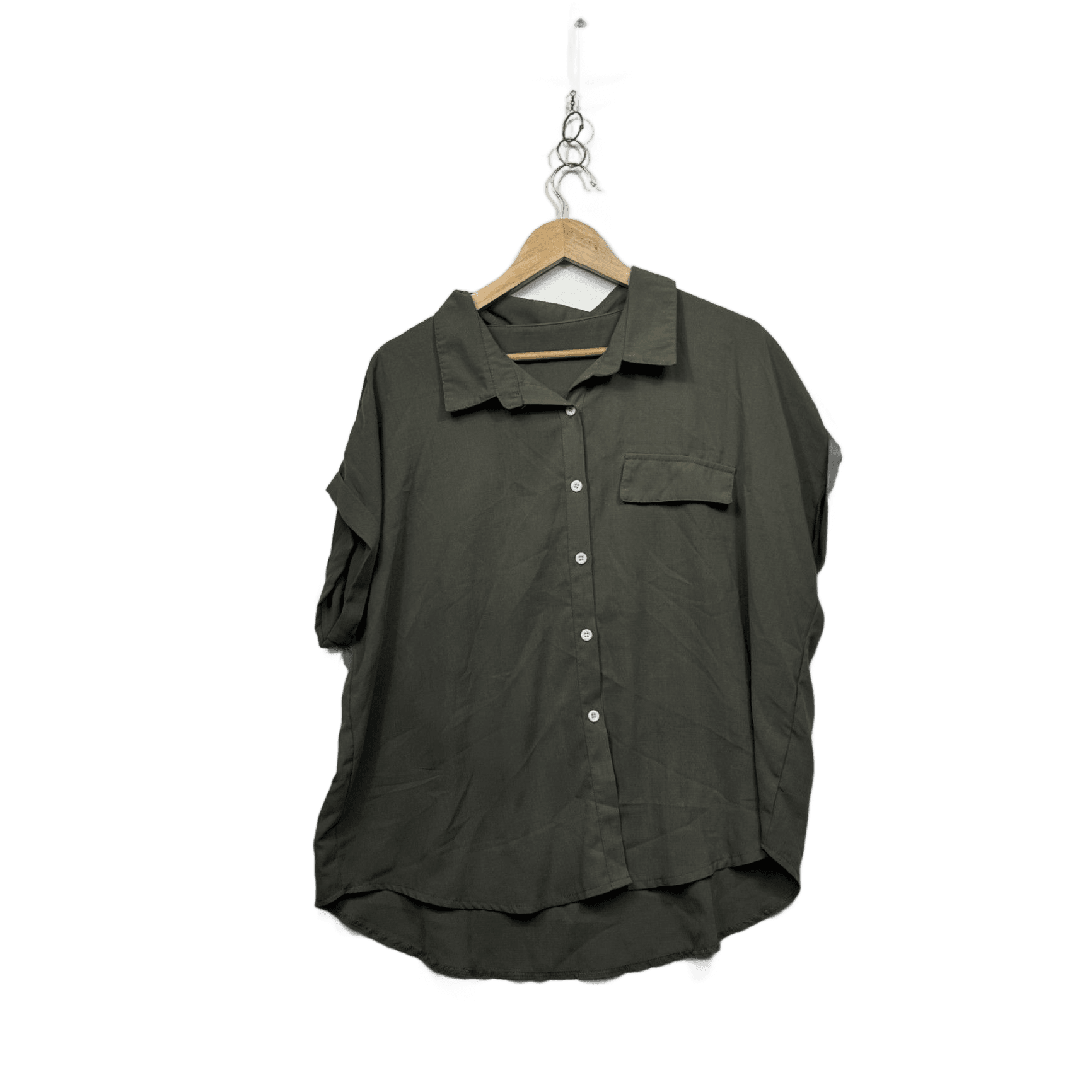 Shein Olive Green Short Sleeve Collared Button Up Blouse Size 2XL