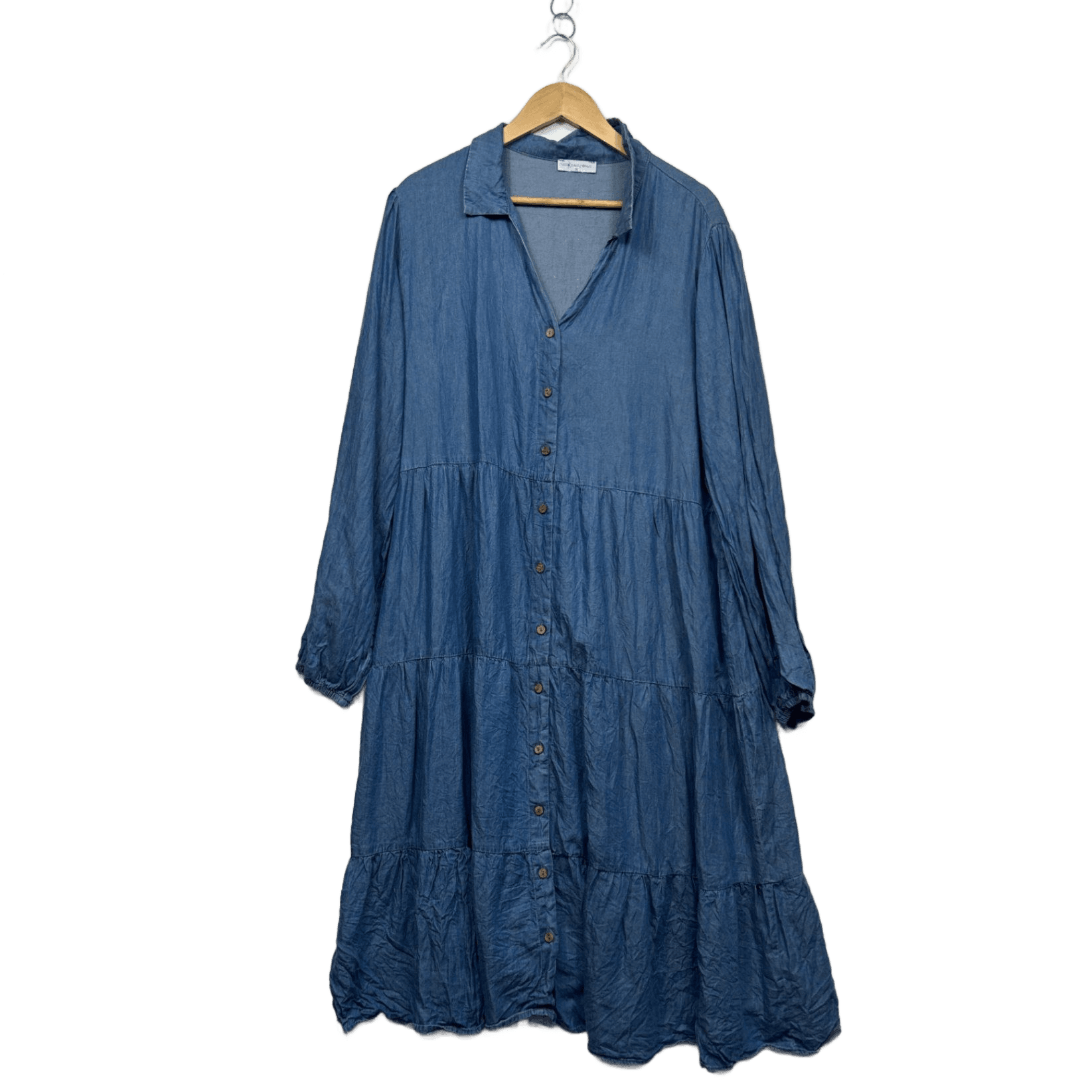 Little Party Dress Blue Chambray Cotton Long Maxi Shirt Dress Size 18