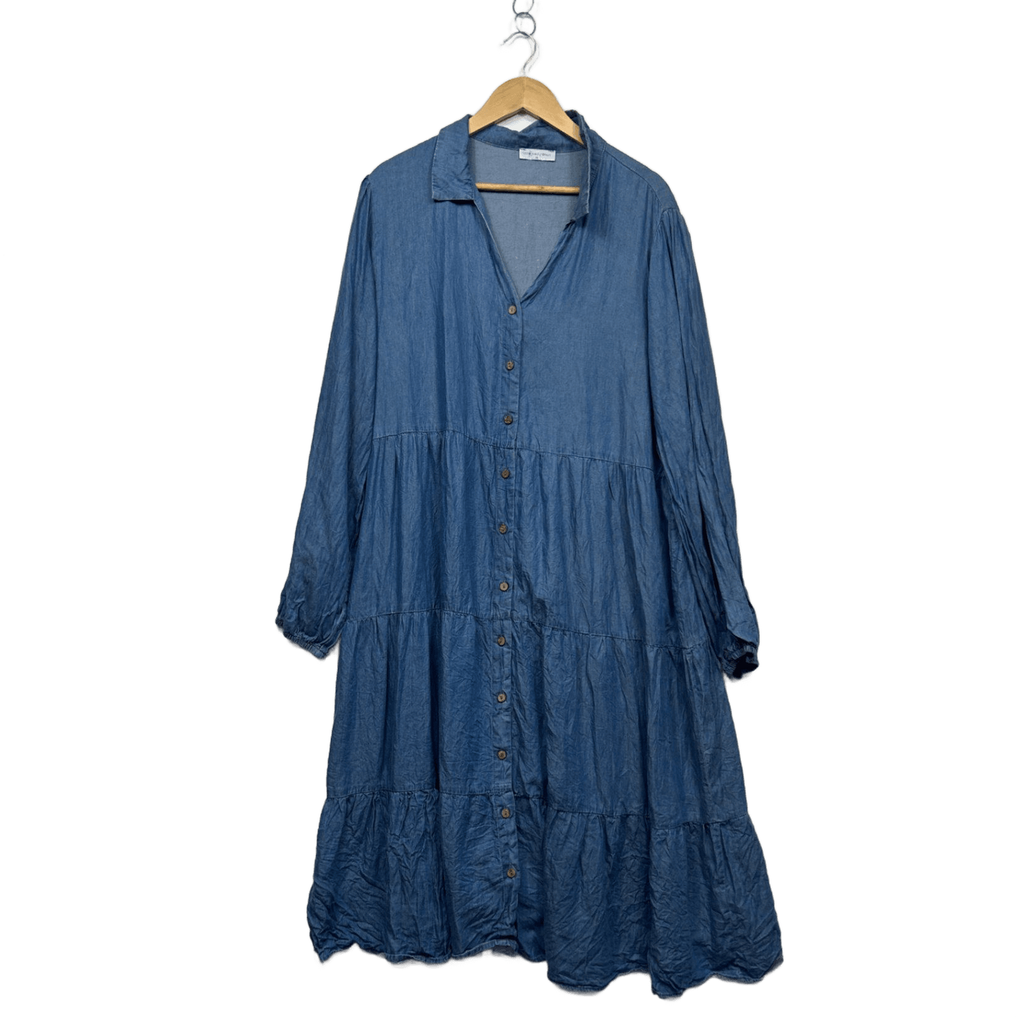 Little Party Dress Blue Chambray Cotton Long Maxi Shirt Dress Size 18