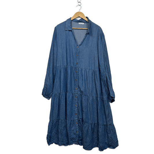 Little Party Dress Blue Chambray Cotton Long Maxi Shirt Dress Size 18