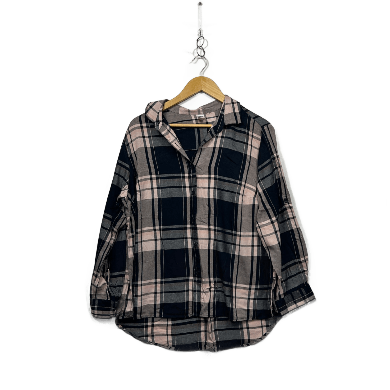 Anko Black Pink Check Button Up Long Sleeve Viscose Top