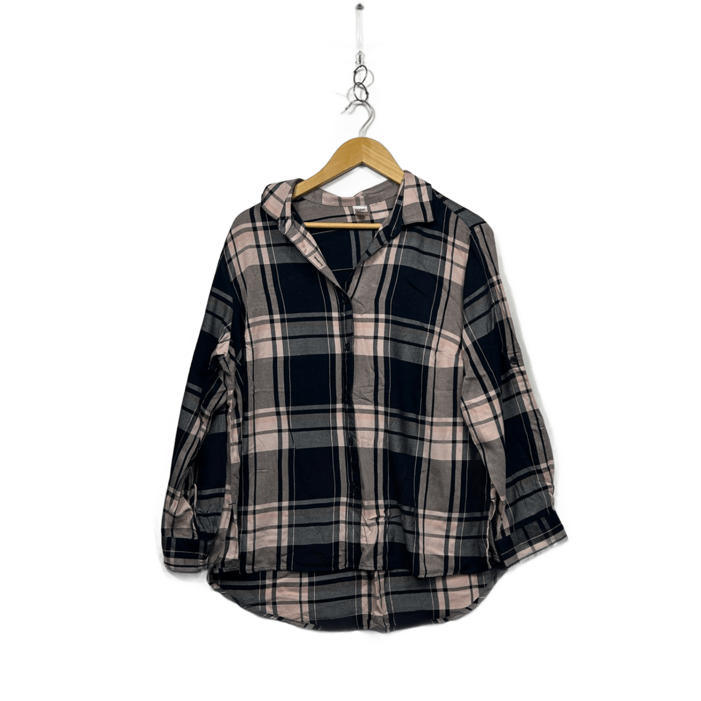 Anko Black Pink Check Button Up Long Sleeve Viscose Top