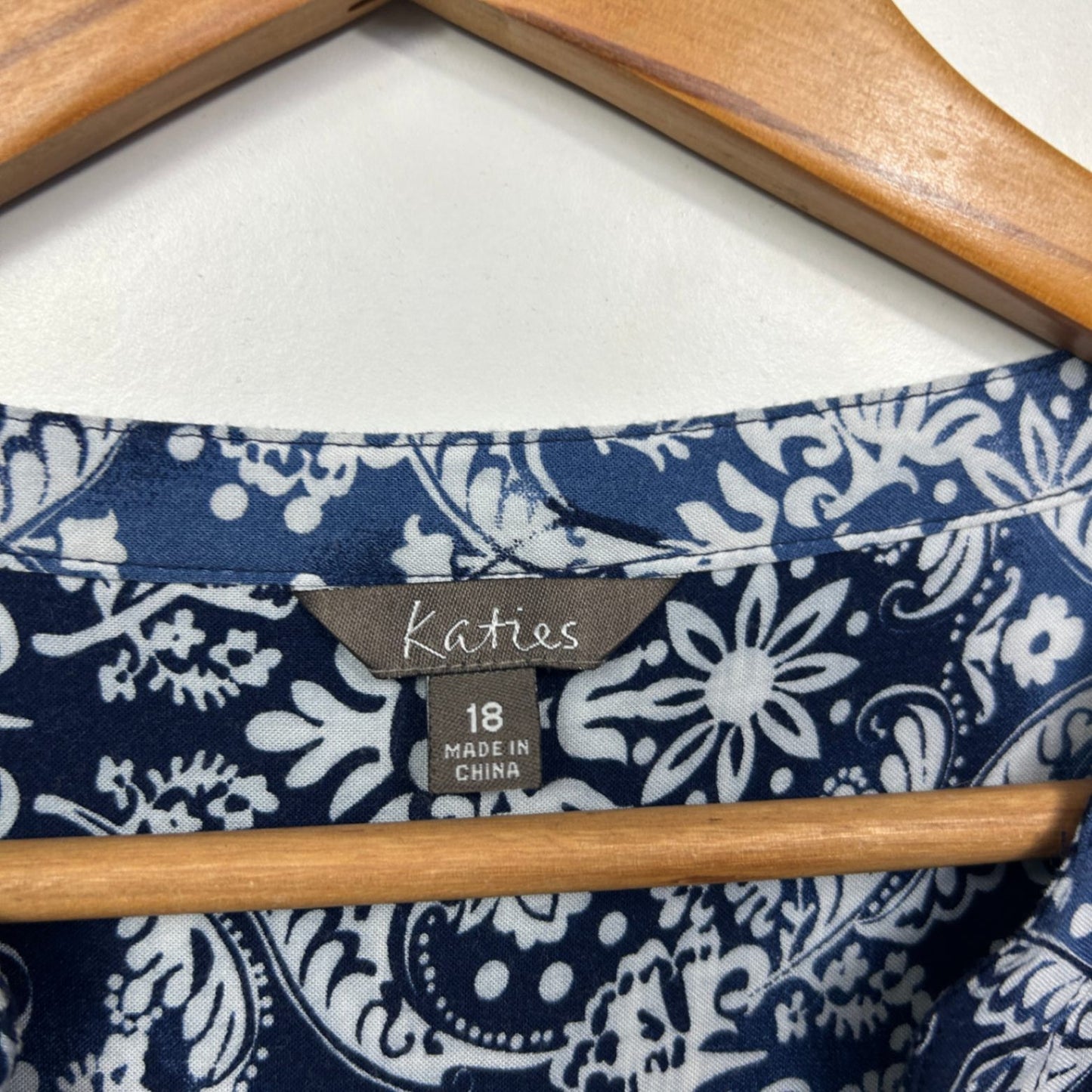 Katies Navy White Paisley Print Button Up Roll Tab Sleeve Top Size 18