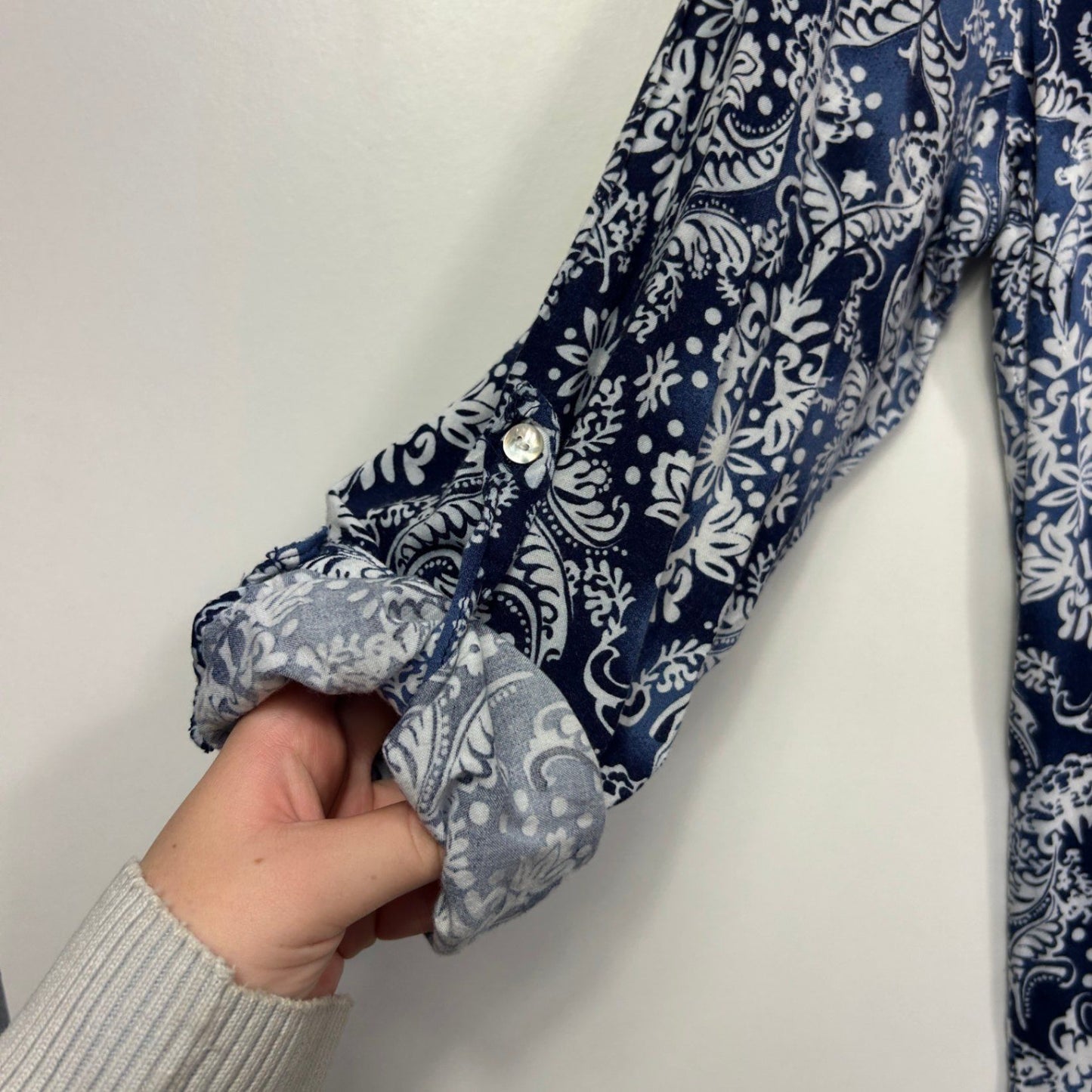 Katies Navy White Paisley Print Button Up Roll Tab Sleeve Top Size 18