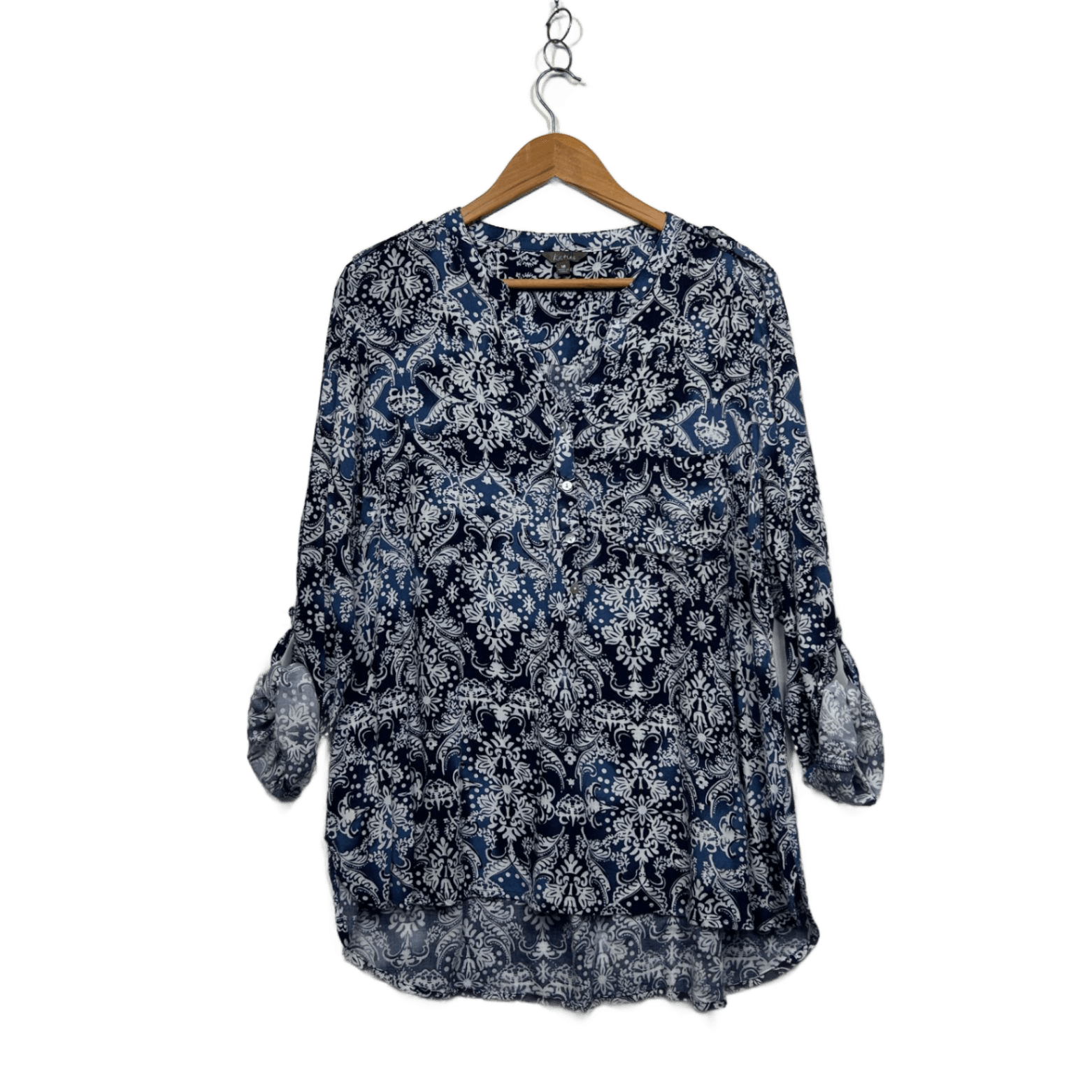 Katies Navy White Paisley Print Button Up Roll Tab Sleeve Top Size 18