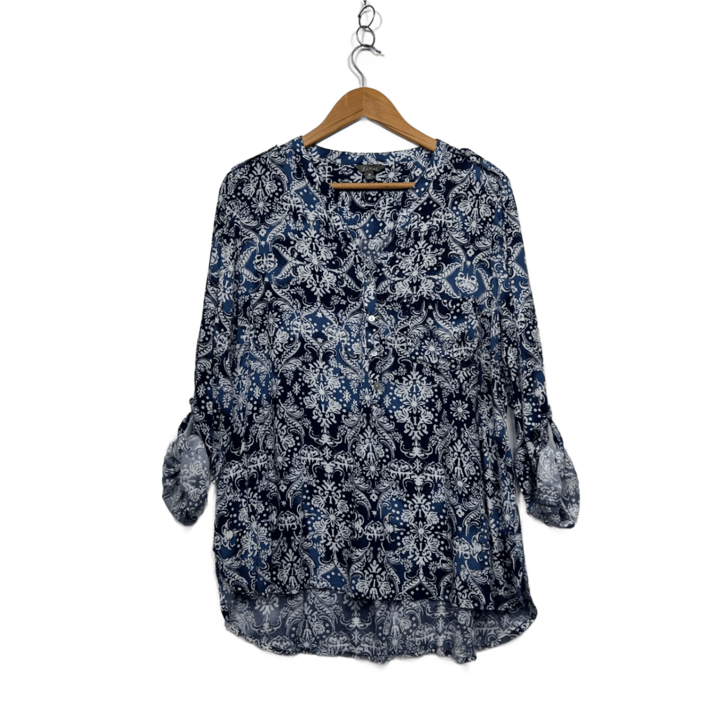 Katies Navy White Paisley Print Button Up Roll Tab Sleeve Top Size 18