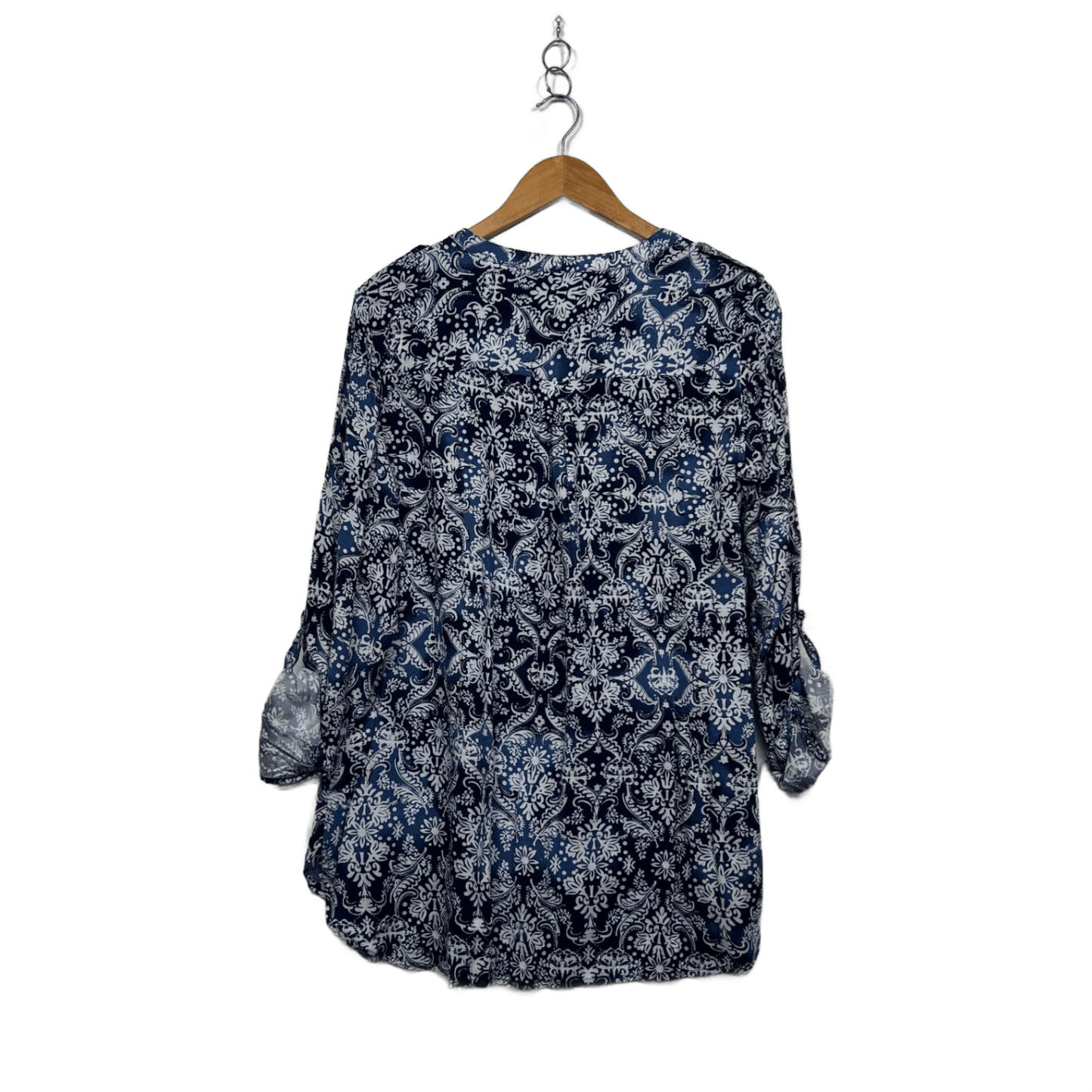 Katies Navy White Paisley Print Button Up Roll Tab Sleeve Top Size 18