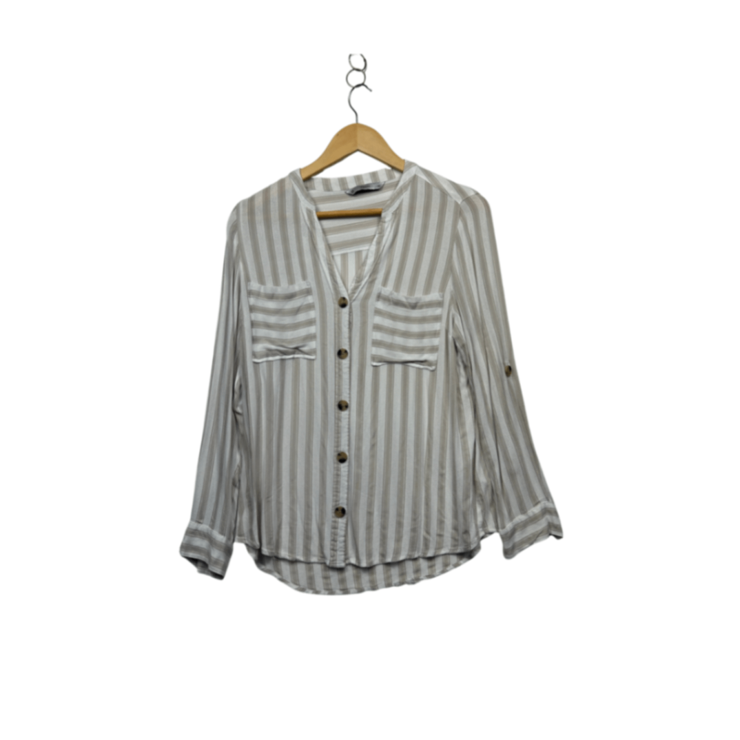 Target Striped Beige White Long Sleeve Button Up Top Size 14