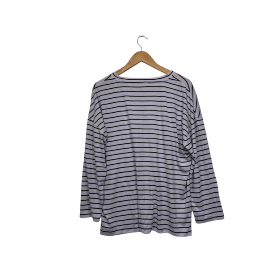 Country Road Mauve Black Long Sleeve Linen Blend Striped Casual Top Size L