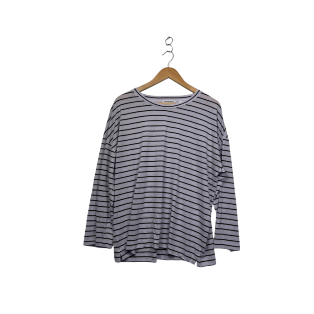 Country Road Mauve Black Long Sleeve Linen Blend Striped Casual Top Size L