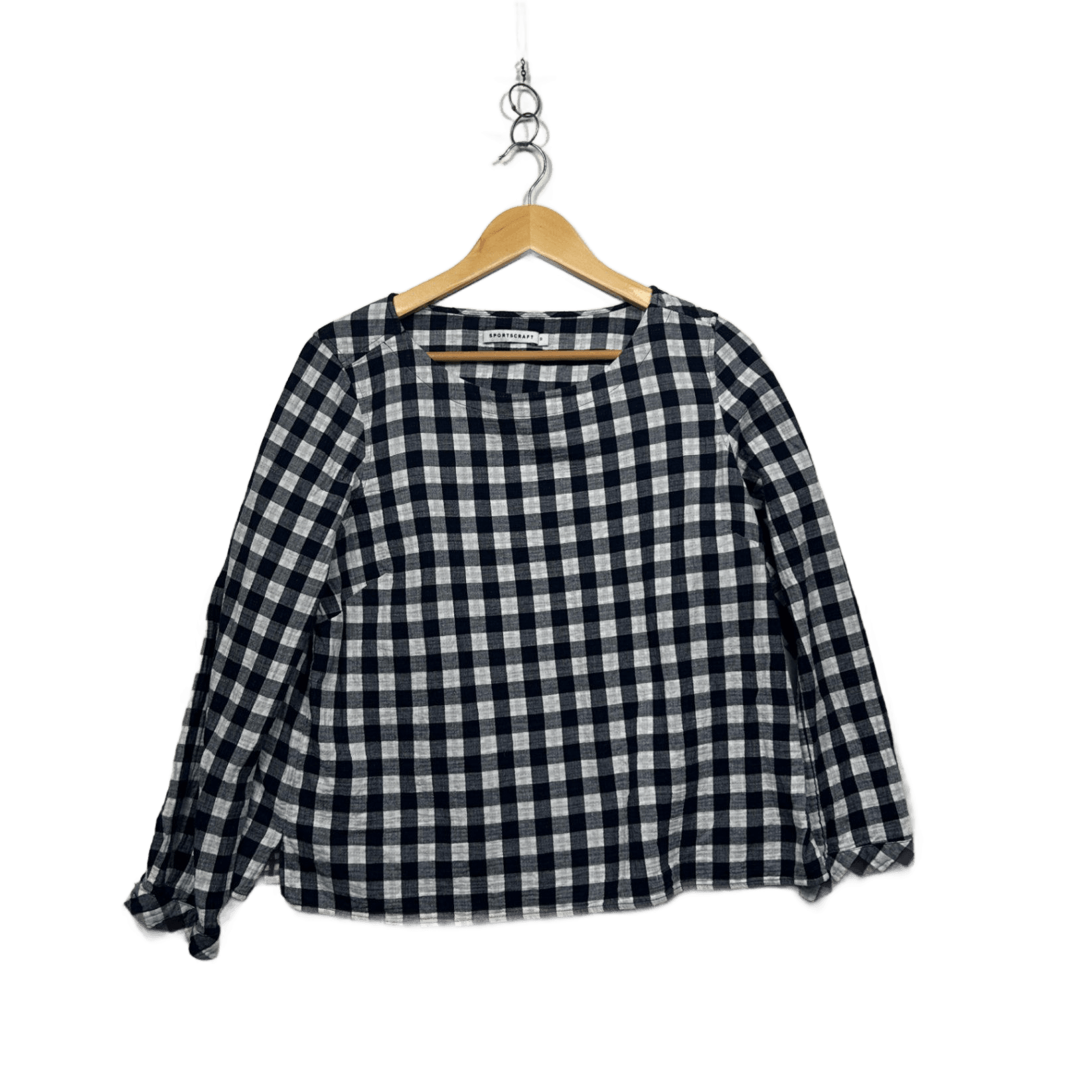 Sportscraft Black White Gingham Check Long Sleeve Cotton Top Blouse Size 12