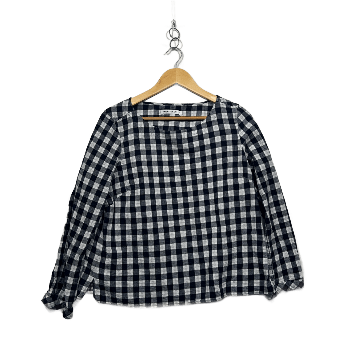 Sportscraft Black White Gingham Check Long Sleeve Cotton Top Blouse Size 12