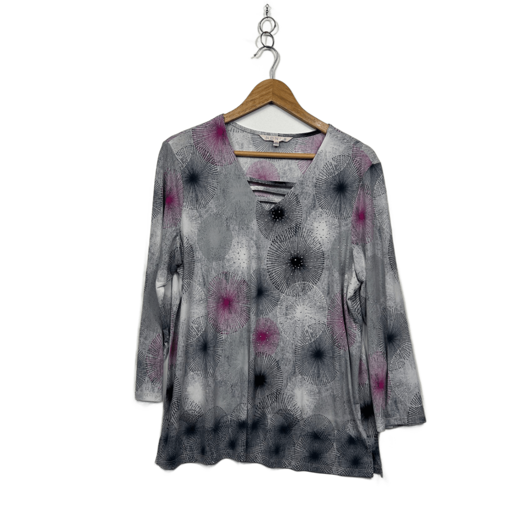 Noni B Womens Grey Pink Black Long Sleeve Print Top Blouse Size L