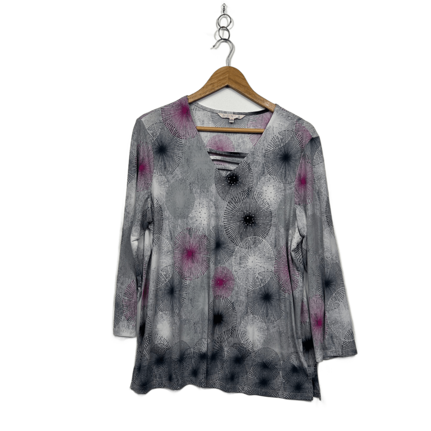 Noni B Womens Grey Pink Black Long Sleeve Print Top Blouse Size L