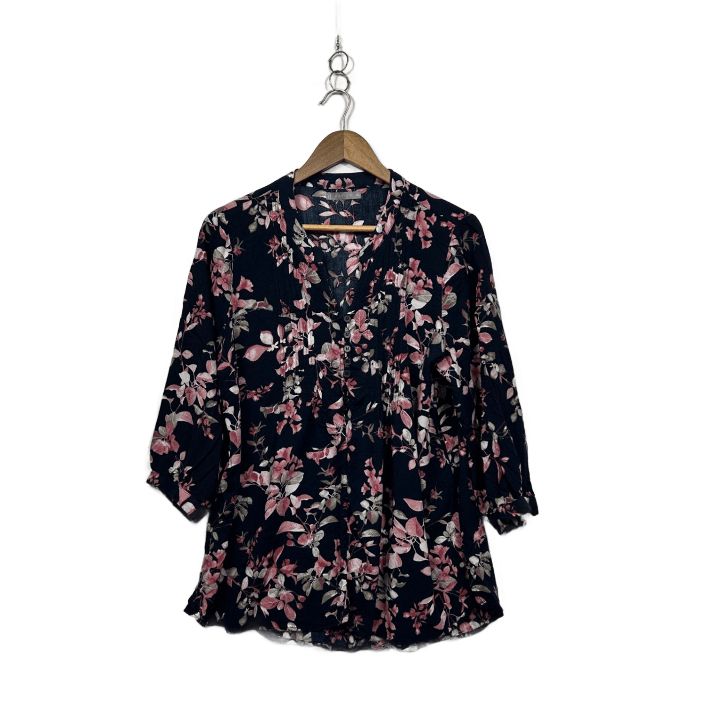 Katies  Navy Pink Floral 3/4 Sleeve Linen Blend Blouse Size 16