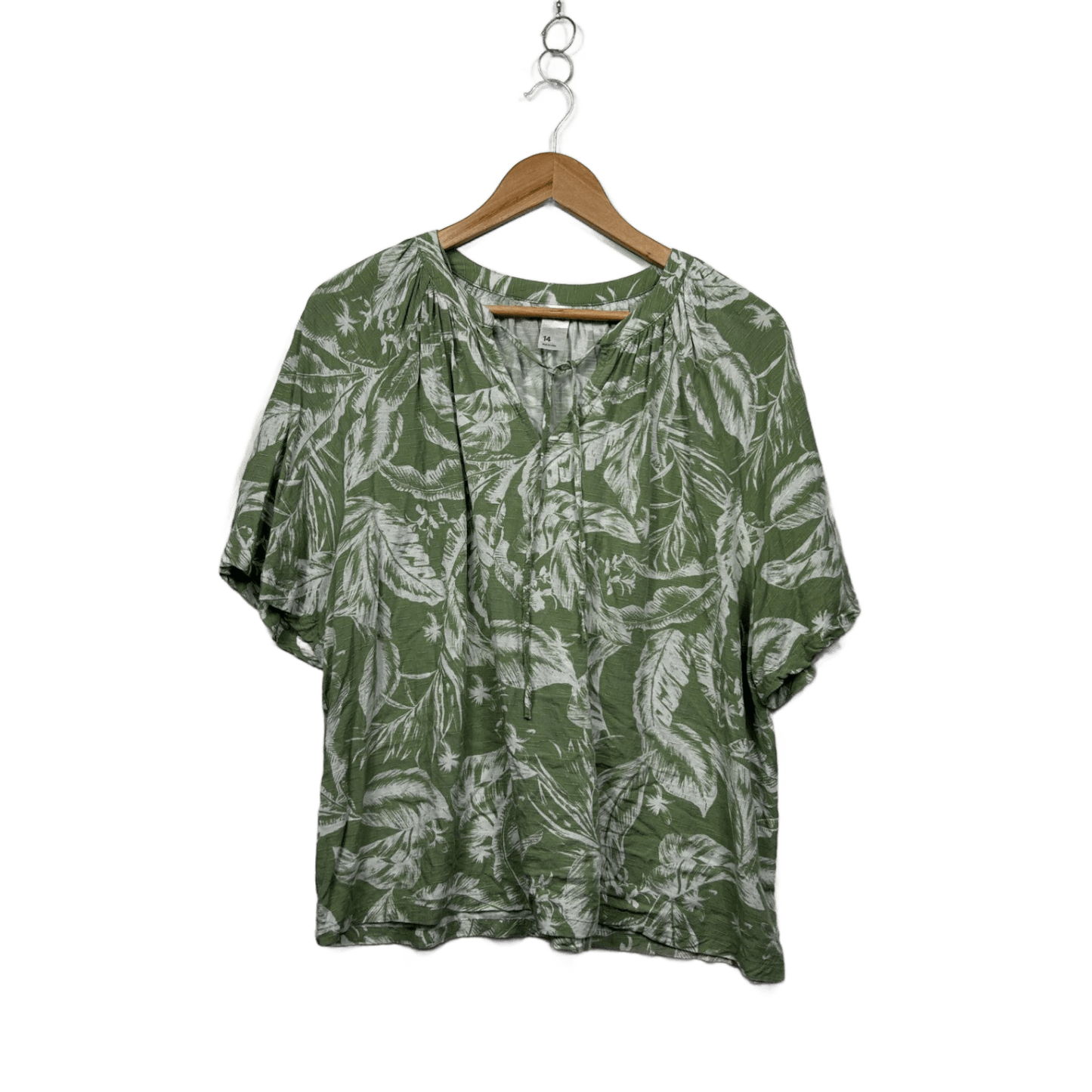 Anko Green Viscose Short Sleeve Leaf Print Round Neck Casual Blouse Top Size 14