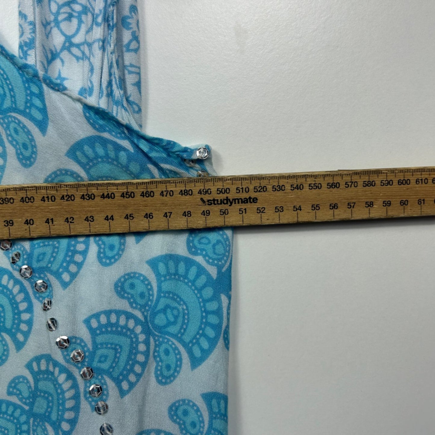 Boho Hippie Blue White Paisley Sequins Sleeveless Vest Open Front Kimono Top