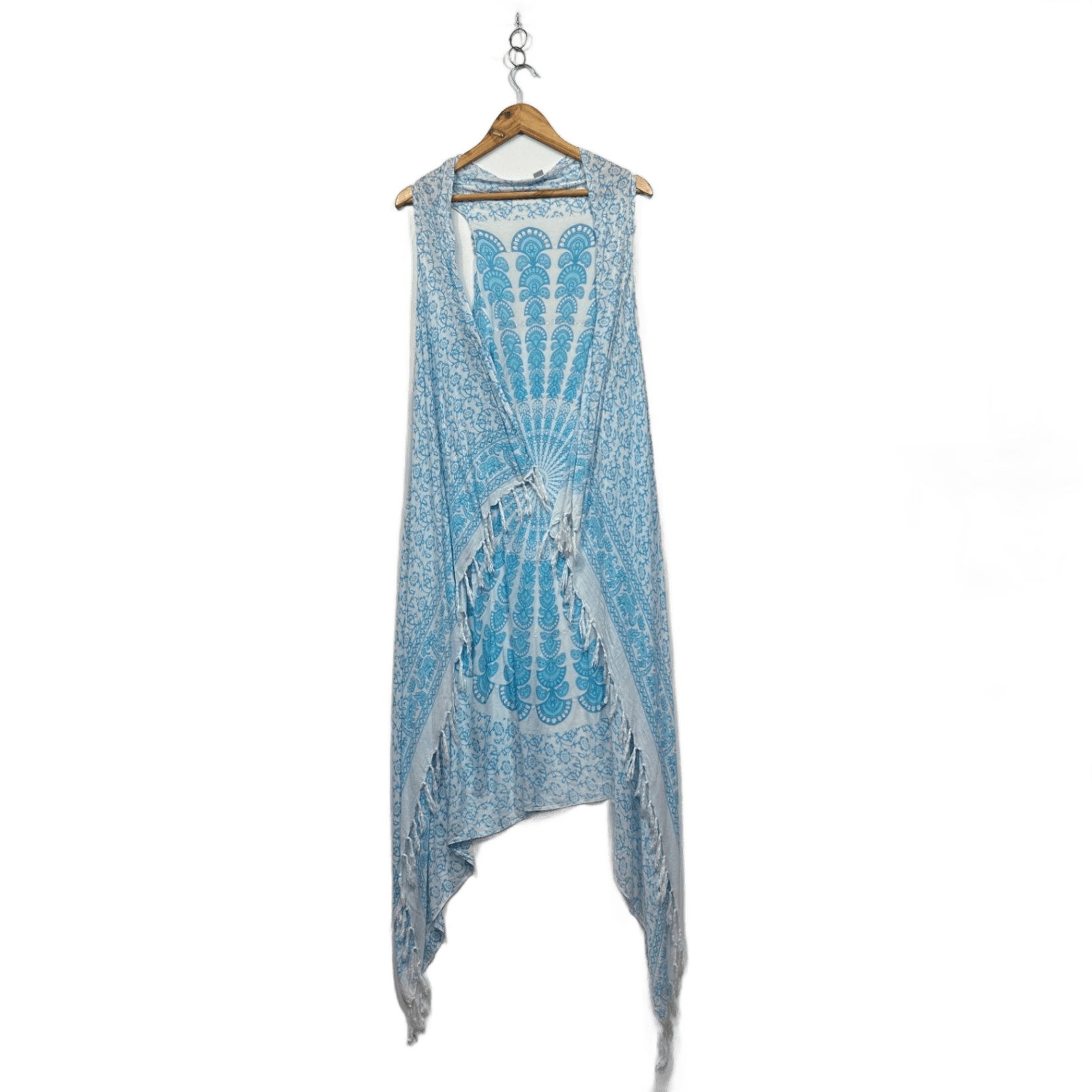 Boho Hippie Blue White Paisley Sequins Sleeveless Vest Open Front Kimono Top