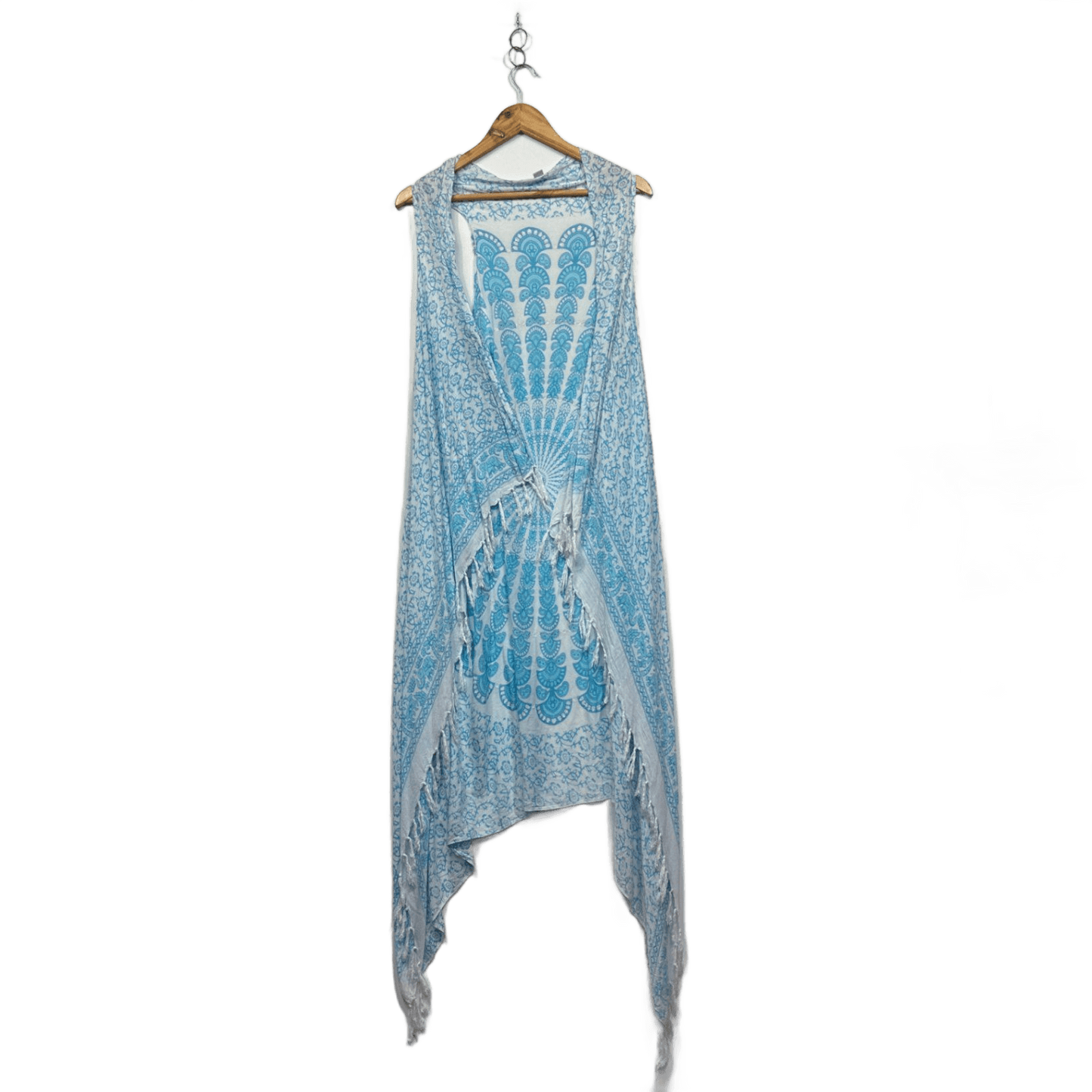 Boho Hippie Blue White Paisley Sequins Sleeveless Vest Open Front Kimono Top