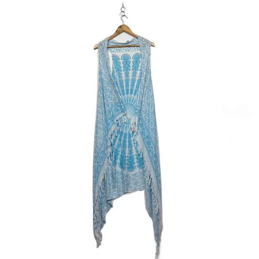 Boho Hippie Blue White Paisley Sequins Sleeveless Vest Open Front Kimono Top