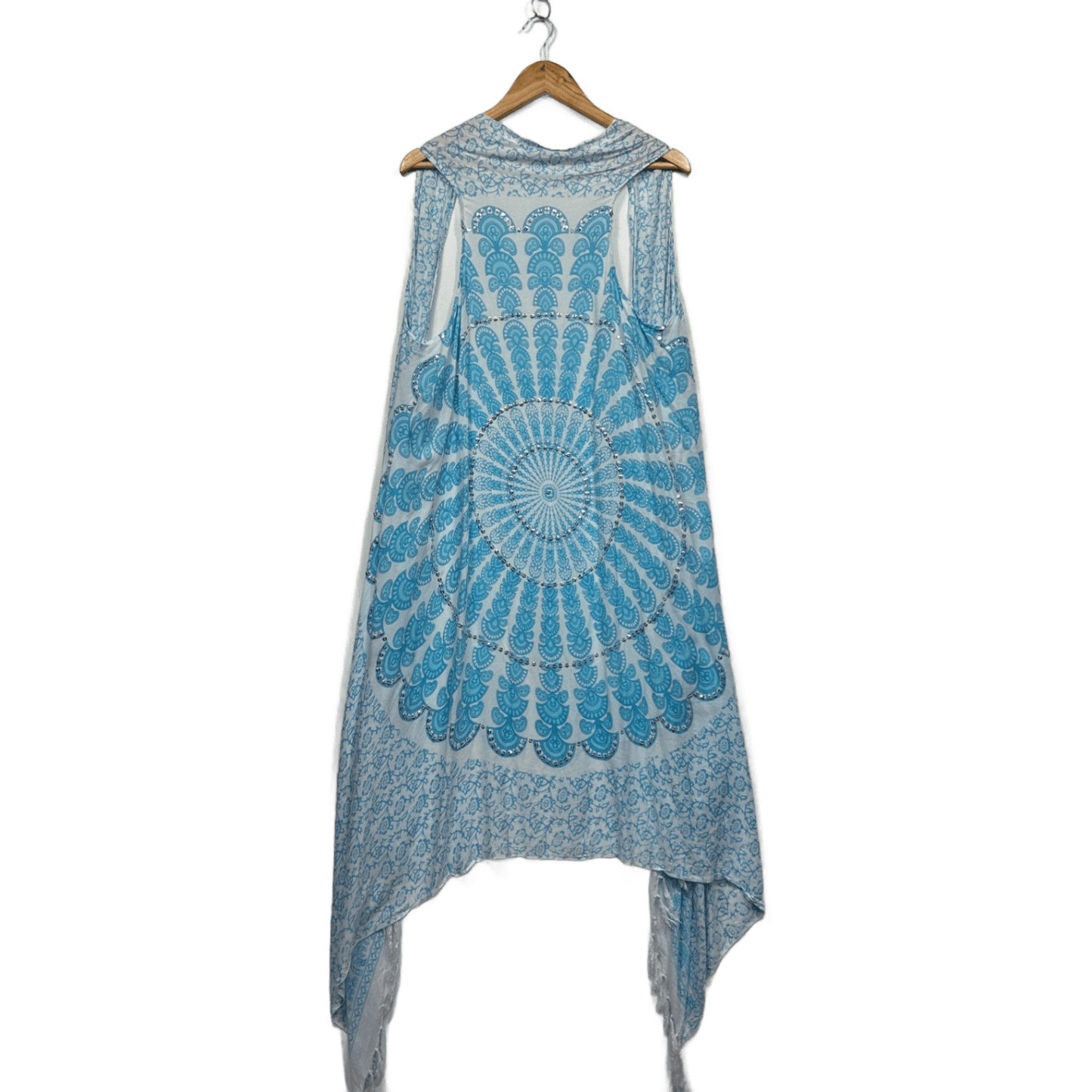 Boho Hippie Blue White Paisley Sequins Sleeveless Vest Open Front Kimono Top